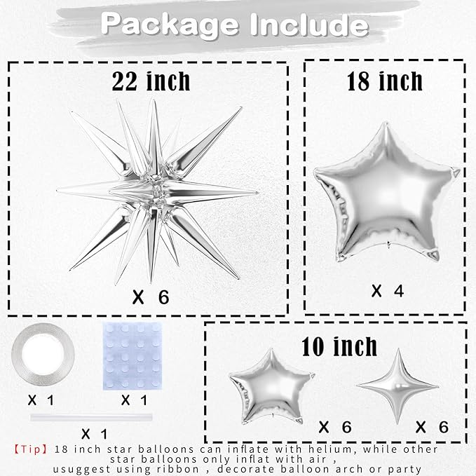 22 Pcs Silver Star Balloons,22/18/10 Inch Star Foil Mylar Balloon,Spike Balloon and Four Pointed Balloons for Party Supplies Christmas Birthday Wedding Photo Booth (Silver)