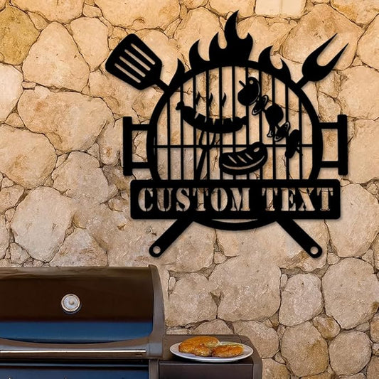Custom BBQ Grill Metal Sign, Personalized Barbecue Plaque with Fire and Utensils Design, Outdoor Patio Yard Wall Art, Rustic Grill and Smoker Decor, Gift Idea for Birthday, Christmas, Holiday BBQ