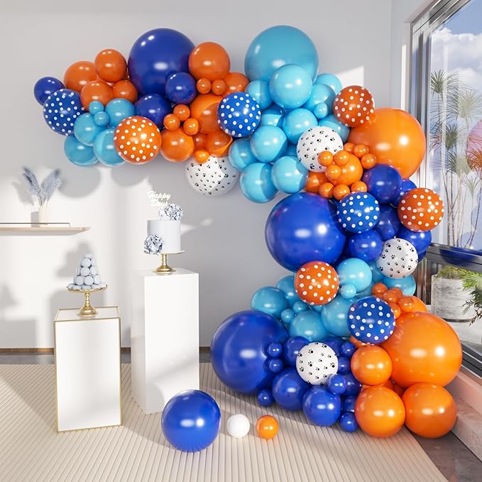 Blue and Orange Balloons Garland Arch Kit, 156 Pcs Royal Blue Orange and Light Blue Latex Balloon Different Sizes 18 12 10 5 inch for Birthday Graduation Space Themed Party Decorations