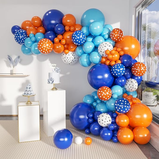Blue and Orange Balloons Garland Arch Kit, 156 Pcs Royal Blue Orange and Light Blue Latex Balloon Different Sizes 18 12 10 5 inch for Birthday Graduation Space Themed Party Decorations