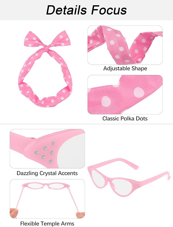 Aneco 6 Pack 50s Set Chiffon Scarf Cat Eye Glasses Bandana Tie Headband Earrings