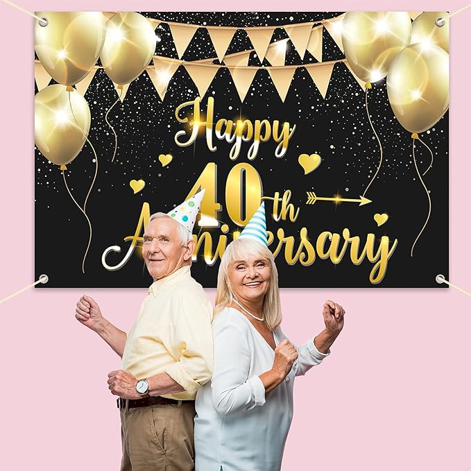 HAMIGAR 6x4ft Happy 40th Anniversary Banner Backdrop - 40 Wedding Anniversary Decorations Party Supplies - Black Gold