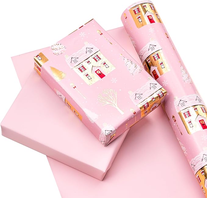 WRAPAHOLIC 30 Inch Jumbo Reversible Christmas Wrapping Paper - 30 Inch x 100 Feet Jumbo Roll Pink House and Solid Pink Wrapping Paper with Metallic Foil Shine for Chrsitmas, Holiday, Party