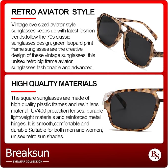 Retro Aviator Sunglasses for Women Men Trendy Classic 70s Square Green Aviator Sun Glasses Vintage Shades
