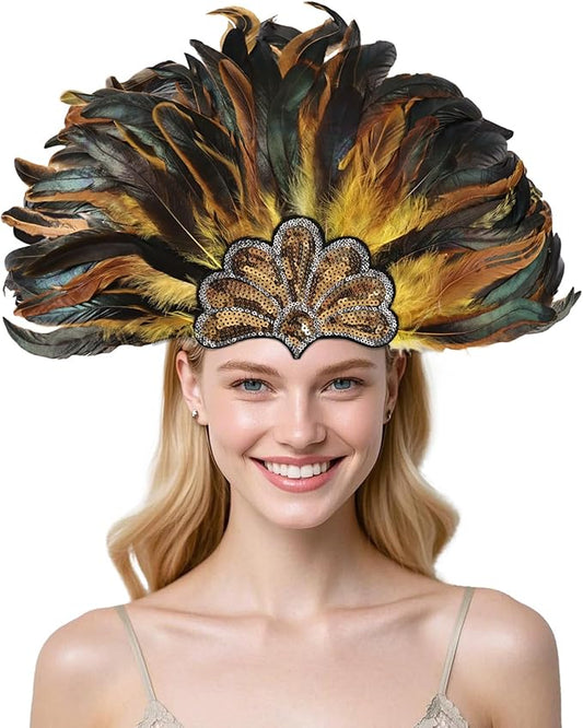 Women's Carnival Feather Headpieces Sequin Headdress for Wedding Masquerade Party Cosplay Feather Headbands