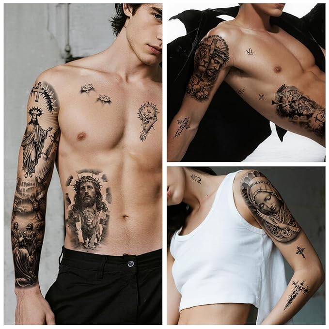 Yazhiji 48 Sheets Christian Full Arm Temporary Tattoos For Adult, Religious Jesus Christ Cross Angel God Half Arm Fake Tattoos, Christ Catholic Realistic Tiny Body Temporary Tattoos for Men Women Kids