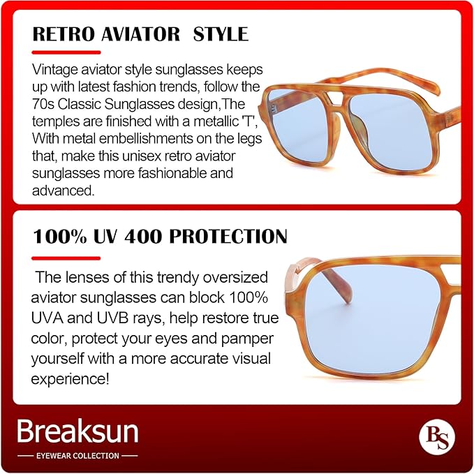 Retro Aviator Sunglasses for Women Men Trendy Classic 70s Square Green Aviator Sun Glasses Vintage Shades