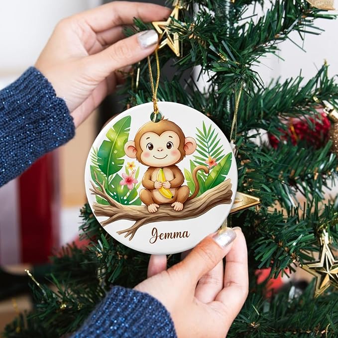 Customized Monkey Ceramic Ornament Christmas 2025, Gift for Boys Girls Son Daughter Grandkids from Family, Personalized Name Baby Monkey Lover Ornament, Animal Nature Keepsake, Animal Themed Decor