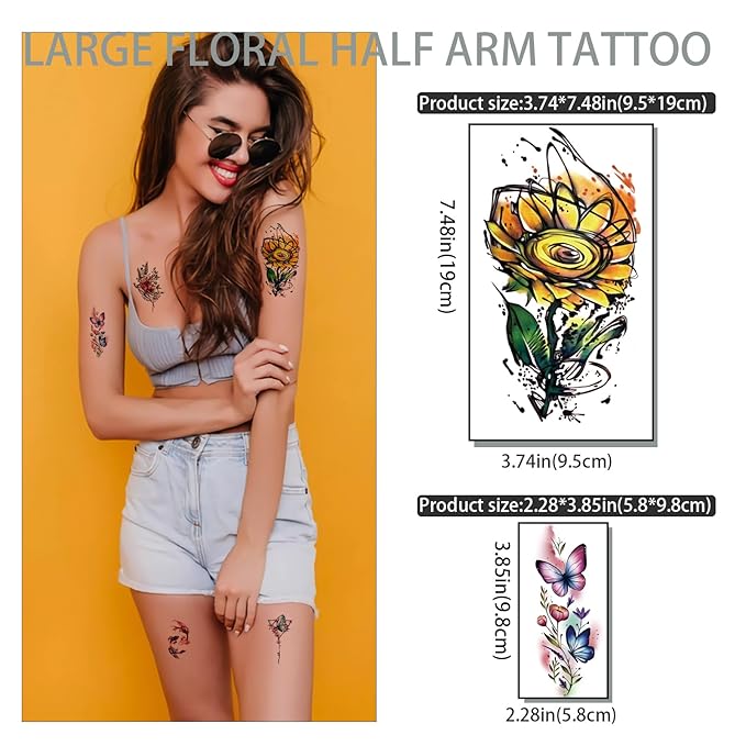 77 Sheets Temporary Tattoo, 17 Sheets Half Arm Flower Rose Skull Butterfly Snake Fake Tattoos for Adults, 60 Sheets Tiny Waterproof Temporary Tattoos Body Art Sticker Realistic for Women Girls or Kids