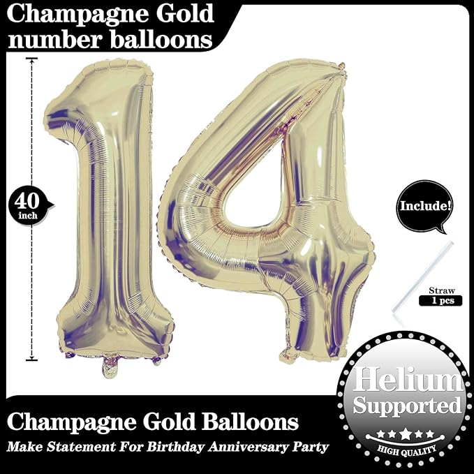 Champagne Gold 14 Number Balloons, 40 Inch Giant Number 14 Balloons Foil Mylar Helium Light Gold Number Balloons for 14th Birthday Party Supplies Anniversary Event Celebration Decorations