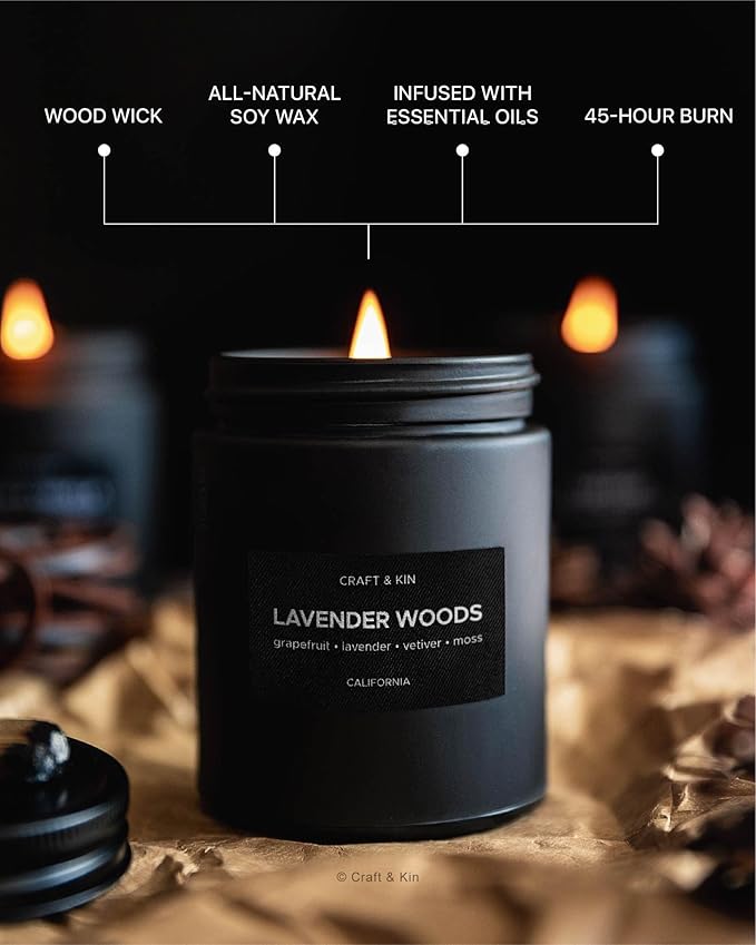Craft & Kin Premium Lavender Woods Candle | Black Christmas Scented Candles for Men | Long Lasting with 45 Hour Burn Time, 7.6oz | Soy Holiday Candle | Aromatherapy at Home | Gifts for Men