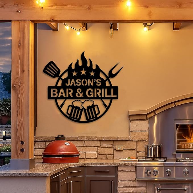Custom Bar and Grill Metal Sign, Personalized Backyard BBQ Plaque with Beer Mugs and Fire Design, Outdoor Patio Wall Art for Home Bar or Garden, Rustic Grill Decor, Birthday, Christmas, Holiday Gift
