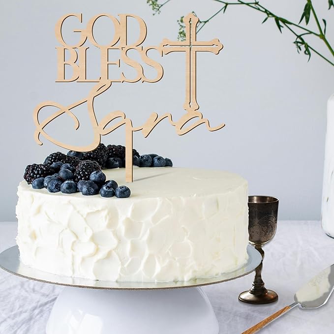 Personalized Baptism Cake Topper in Wood Custom God Bless Cake Topper Christening Communion Cake Decoration (Design 03)