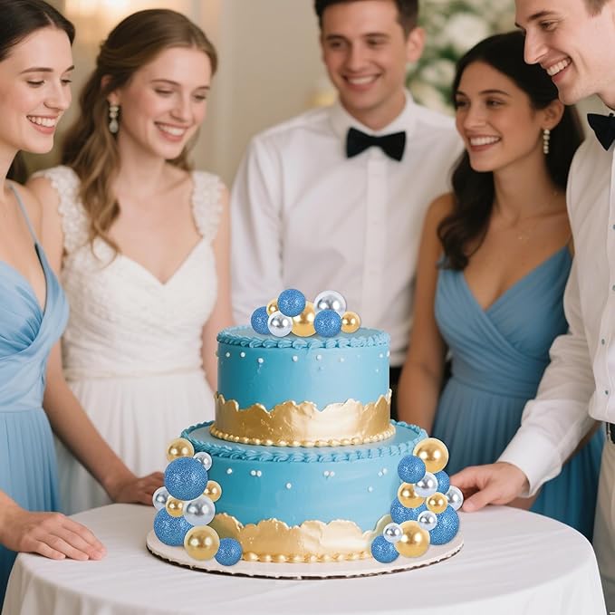 BEISHIDA 40 Pcs Foam Ball Shaped Cake Toppers with Sticks Mini Cake Decorations for Birthdays, Weddings, Baby Showers, DIY Baking Supplies, Anniversary Party (Blue, Gold, Silver)