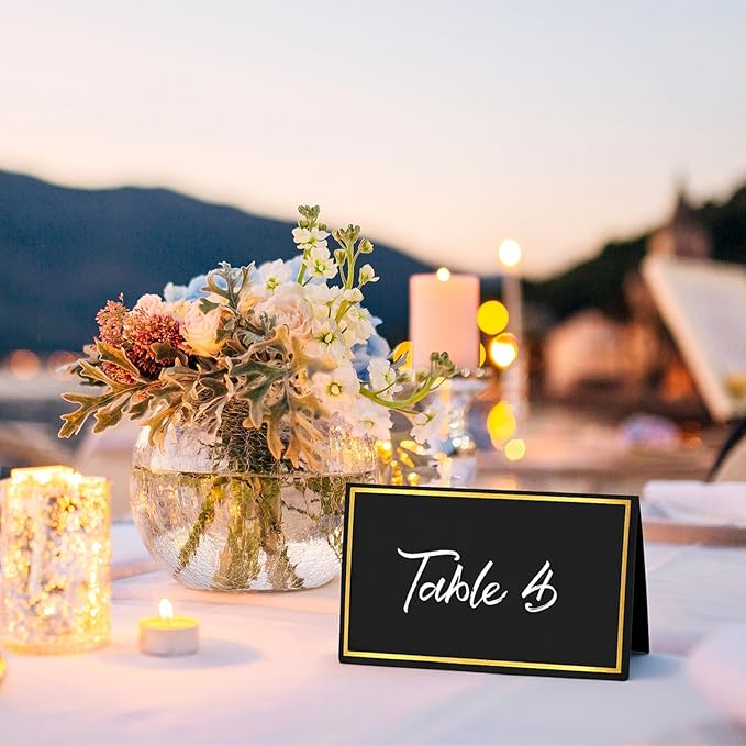 50Pcs Place Cards, Table Name Cards with Gold Foil, Place Card for Table Setting Food Labels for Party Buffet, Wedding Places Card Tent Carded for Dinner Parties,Events, Bridal Shower(Black)