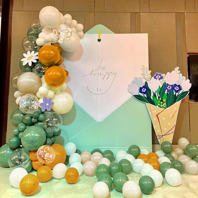 Sage Green Orange and White Sand Balloons Garland Arch Kit, 156 Orange Green Pastel Yellow White Sand Balloons for Birthday Baby Shower Wedding Party