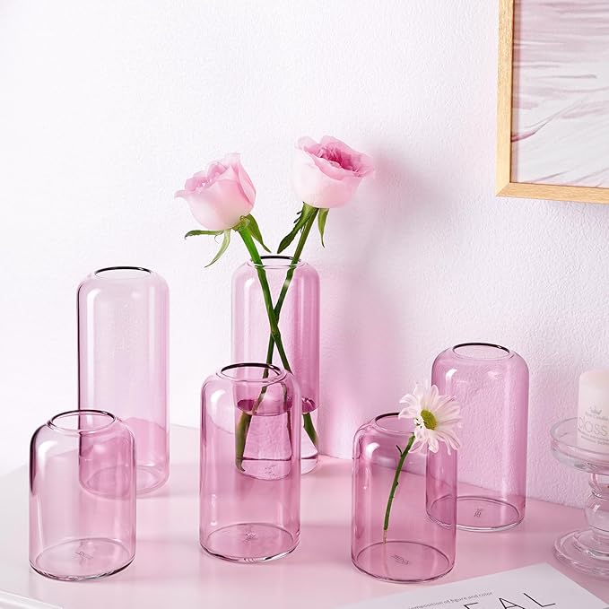 ZENS Bud Vases Set of 6, Pink Clear Small Glass Vase for Flowers. Modern Hand Blown Cylinder Glass Vase for Wedding Reception Centerpieces Living Room Decorative.