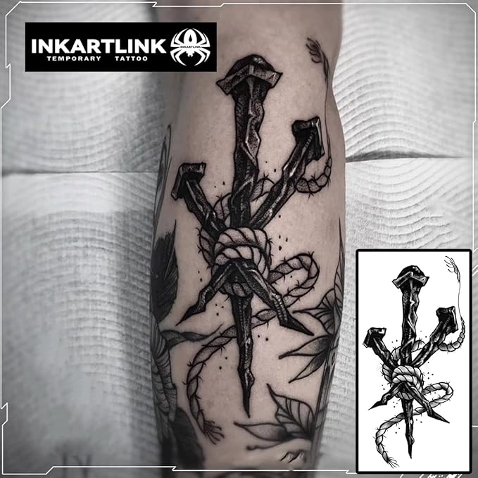 INKARTLINK Temporary Tattoos, 2 Sheets Medium Semi Permanent Tattoos, Adult Art Waterproof Temporary Tattoos, Tattoo Stickers Realistic, No Adhesive, Lasts 1-2 Weeks(Saboteur Teufel Chords)