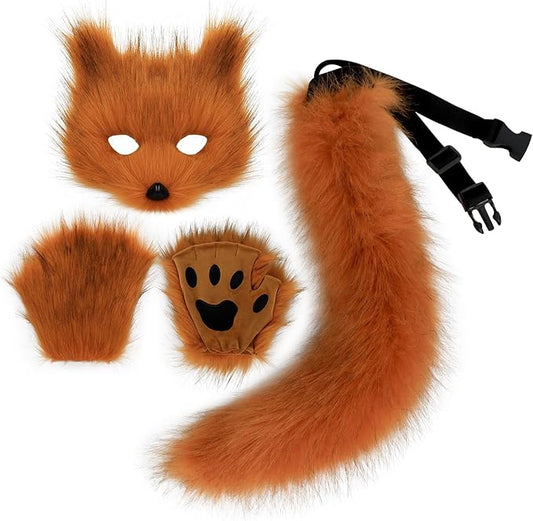 Adolala Faux Fur Fox Tail Cat Wolf Set Plush Mask Fluffy Paw Gloves Halloween Christmas Party for Women