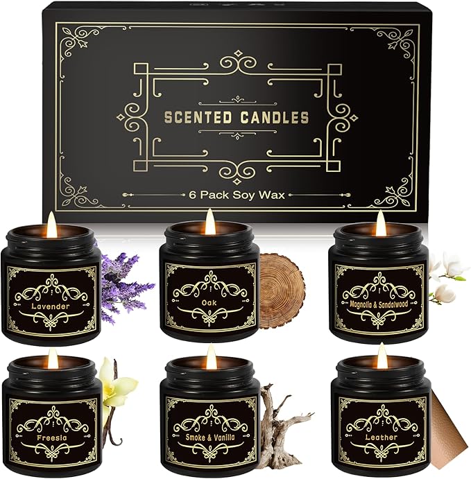 6 Pack Christmas Scented Candles Gift for Men, Scented Candles Gifts Set for Men Women, Smoke-Free Strong Fragrance Long Lasting Candle for Home, Natural Soy Jar Candles Set for Men Christmas
