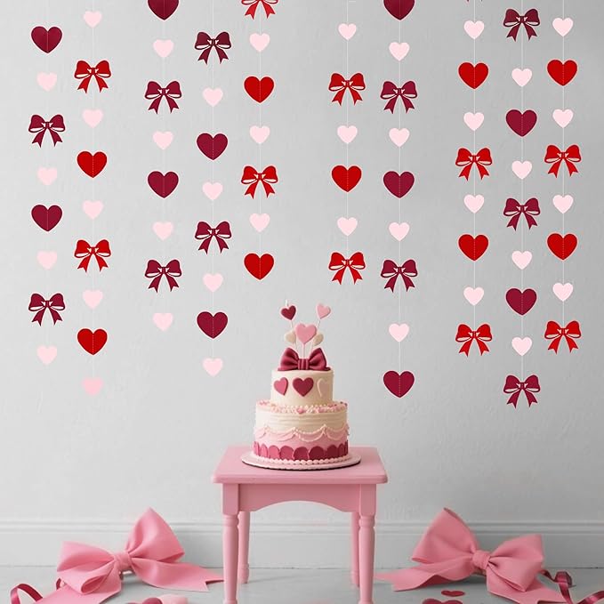 Heart Bow Decorations Burgundy Red Pink Heart Bow Hanging Garland Streamer for Anniversary Birthday Valentines Bachelorette Wedding Baby Shower Bridal Shower Engagement Hen Party Decorations Supplies