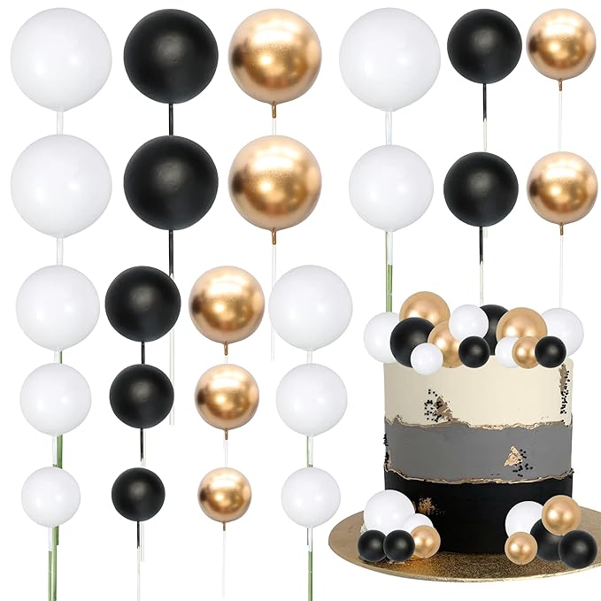 Gyufise 30Pcs Black White Gold Ball Cake Toppers Mini Balloon Cupcake Toppers DIY Foam Ball Cake Insert Decoration for Wedding Anniversary Birthday Party Supplies