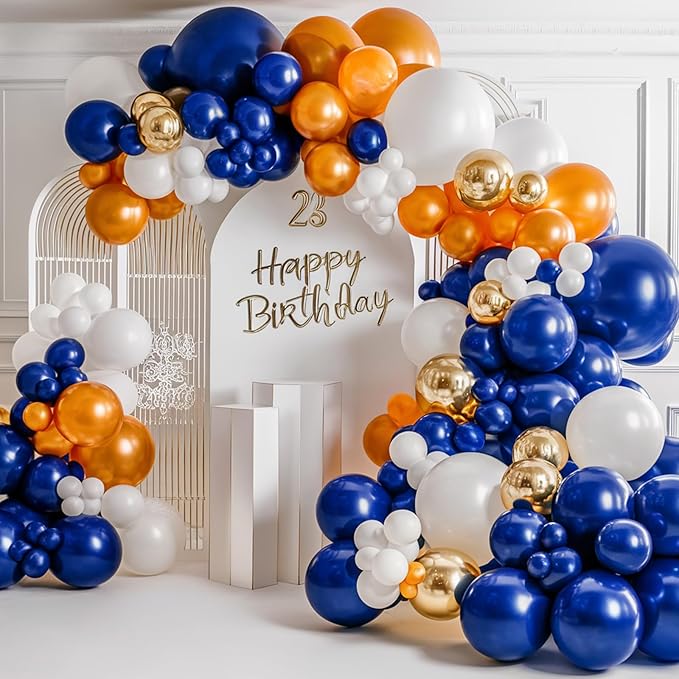 Orange and Blue Balloon Arch Kit, 120 Pcs Navy Royal Dark Blue Gold Orange Balloons Garland Kit with 4D Star Chrome Latex Balloons for Graduation Class of 2025 Thanksgiving Party Decorations
