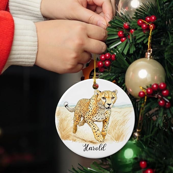 Cheetah Wild Animal Ornament, Customized Cheetah Christmas Ceramic Ornament with Name, Gift for Him Her Animal Enthusiasts, Wildlife Xmas Decor, Safari Keepsake, Personalized Cheetahs Ornaments