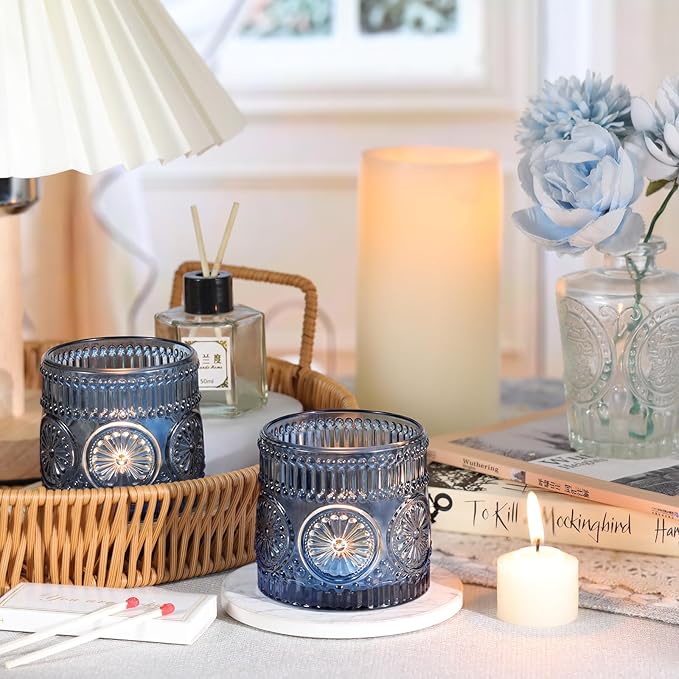 6Pcs Large Votive Candle Holders Blue Glass Tealight Candle Holders for Wedding, Table Centerpiece, Party, Birthday, Home Decor