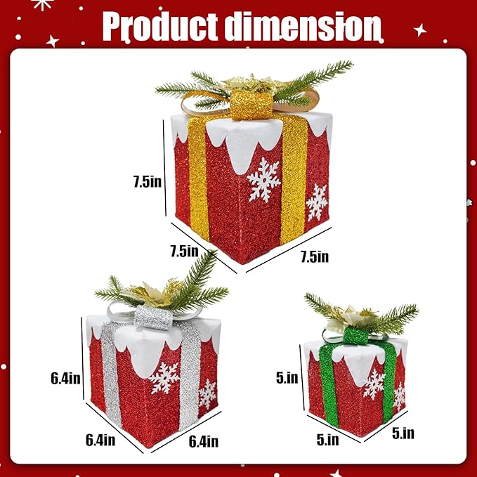 3 Pcs Christmas Lighted Gift Boxes with Bow 60 LED Battery Operated Pre-lit Present Box Decorations for Xmas Holiday Home Outdoor Yard