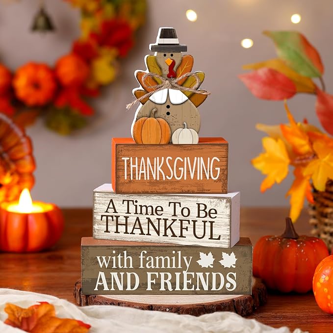 4 Pcs Thanksgiving Decoration for Home Wooden Turkey Decor Thanksgiving Table Centerpiece Fall Tiered Tray Decor Rustic Decorative Turkey Block Signs Gift for Home Kitchen Shelf