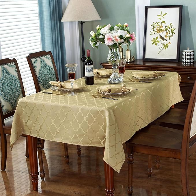 Jacquard Tablecloth Flower Pattern Polyester Table Cloth Spill Proof Dust-Proof Table Cover for Kitchen Dining Tabletop Decoration (Rectangle, 52" x 70" (4-6 Seats), Gold)