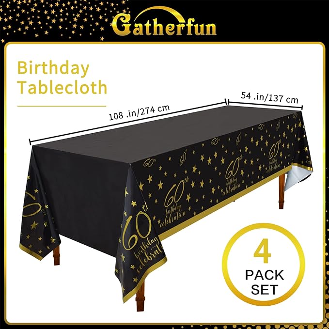 Gatherfun 60th Birthday Disposable Tablecloth 4 Pack Gold and Black Waterproof Plastic Table Cover for Men Woman 60 Birthday Party Decorations
