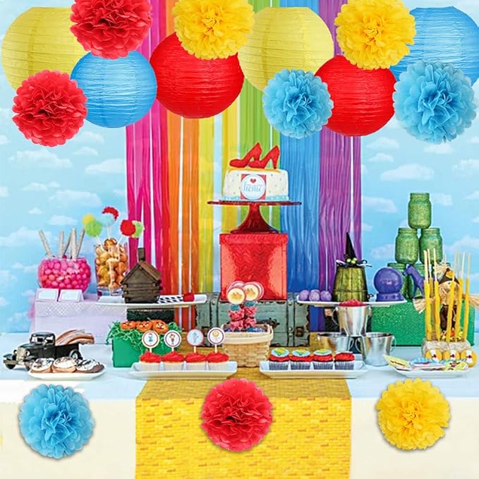 Carnival Circus Party Decorations, Red Yellow Blue Paper Lanterns and Pom Poms Flowers for Birthday Party Baby Showers Carnival Theme Rainbow Party Decor 15PCS