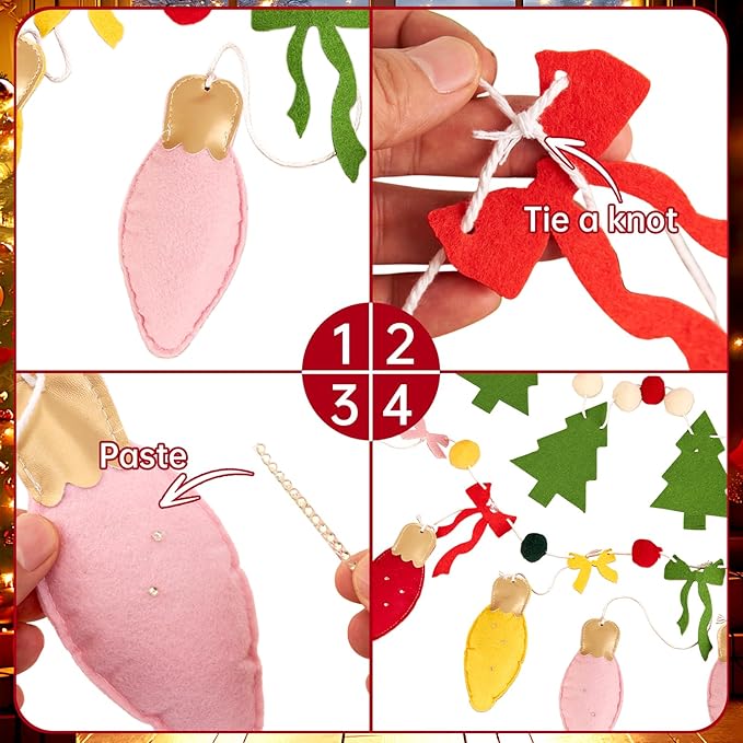 SUNBEAUTY Felt Christmas Garland Banner Pom Pom Garland Christmas Felt Xmas Tree Bells Bow Red Green White Christmas Ornaments for Wreath Home Indoor Outdoor Window Party Xmas Decorations