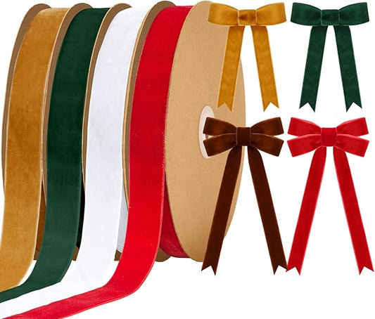 Chuangdi 80 Yards Christmas Velvet Ribbon, 4 Rolls 1" Wide Vintage Ribbon for Xmas Gift Wrapping Christmas Tree Wreath Ornaments DIY Crafts Decoration, Red Green Khaki White