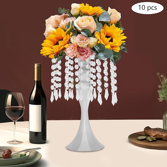 Wedding Centerpieces Sliver Vases,10PCS Metal Flower Candle Holder with Sparkling Crystal Beads,Crystal Flower Vase Metal Flowers Stand for Party Tables Decorations