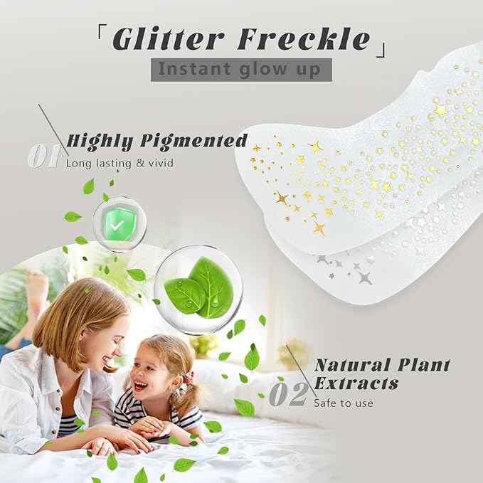 6 PCS Glitter Freckles Face Tattoo, Gold & Silver Waterproof Face Sparkle Speckles Patches for Women, Cute Star Metallic Glitter Temporary Tattoo Makeup Accessories for Festival #Set B