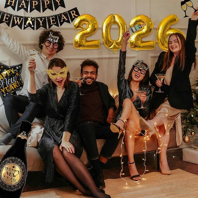 Happy New Year Party Decoration 2026 - New Years Eve Party Supplies 2026 Foil Balloon, Happy New Year Banner, New Years Photo Props, Gold Black Bunting Swirl Streamers, Pom Poms New Years Décor