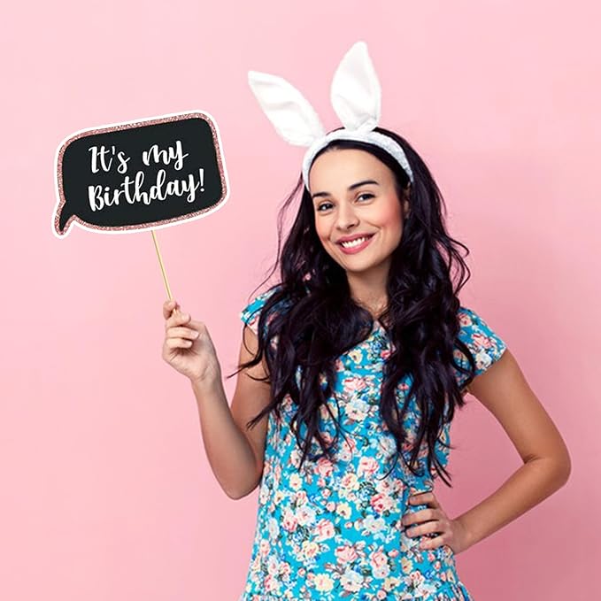 Party Birthday Photo Booth Props, 30Pcs Set of Happy Birthday Selfie Party Supplies with Real Glitter Cute Bday Designs for Women or Girls,Easy to Assemble(Rose Gold)