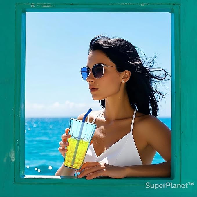 superplanet™ 20 oz Square Plastic Water Cups, Mixed colors (6-pack), unbreakable/BPA-free, with straw, stackable, reusable Acrylic Drinking Cups, suitable for iced tea, milkshakes, and cocktails