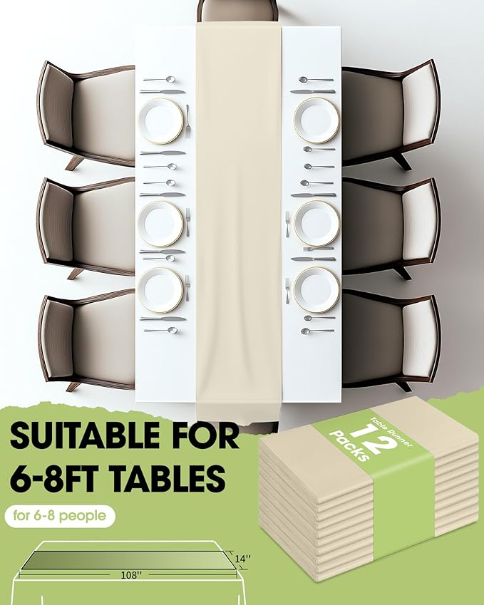 Pureegg Ivory Plastic Table Runners - 12 Pack, 14'' x 108'', Water Resistant & Disposable Cream Centerpiece Decorations for Table Cloth, Wedding, Birthday, Holiday, Baby Shower, Beige Home Decor