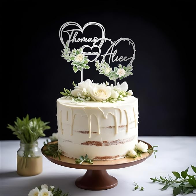 Personalized Hearts Wedding Cake Topper in Acrylic and Wood Custom Bride Groom Names and Wedding Date White Floral Design Cake Decoration