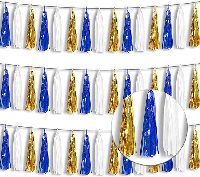 3P Metallic Fringe Tassel Banner Garland Foil Tinsel Streamer Wall Hanging Curtain Backdrop Banners for Parade Floats Birthday Party Graduation Retirement Party Decorations(Navy-Blue White and Gold)