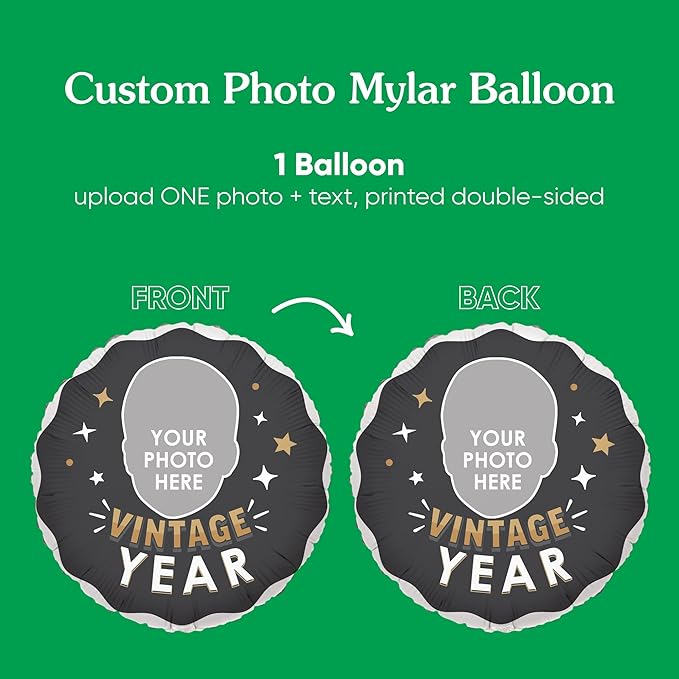 Big Dot of Happiness Personalized Vintage Birthday Photo Balloon, Custom Fun Face Cutout Head, Milestone Birth Year, Black & Gold Party Decoration, Double-Sided Mylar Balloon, 1 Piece