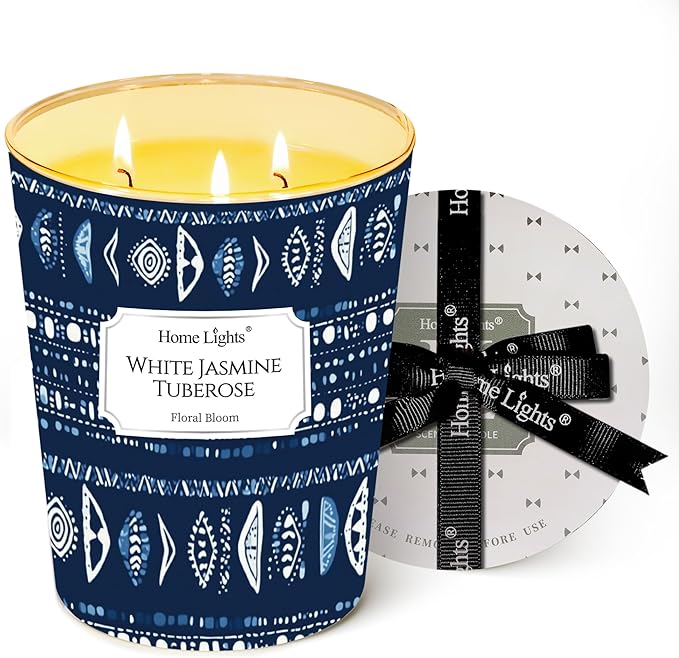 HomeLights Scented Candles for Women & Men, 34oz Candle Jars Aromatherapy 3-Wick Candle, Ideal for Bohemian Natural Textures Home Decor and Gifts, White Jasmine Tuberose
