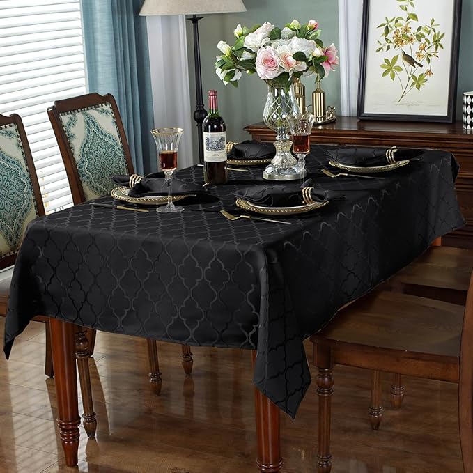 SASTYBALE Jacquard Tablecloth Flower Pattern Polyester Table Cloth Spill Proof Dust-Proof Wrinkle Resistant Table Cover for Kitchen Dining Tabletop Decor(Rectangle, 60" x 120" (10-12 Seats),Black)