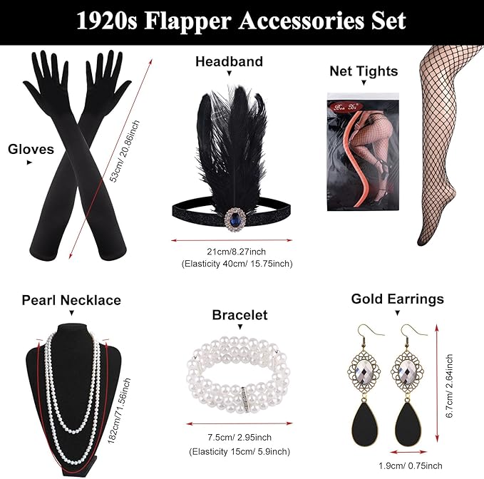 FEPITO 8-Piece 1920s Flapper Great Gatsby Accessories Set - Fashion Roaring 20's Theme with Headband, Headpiece, Long Black Gloves, Necklace, Earrings for Women