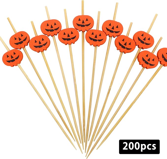 BLUE TOP 200PCS 4.7 Inch Halloween Pumpkins Bamboo Cocktail Picks Bamboo Toothpicks Fruit Picks for Home Party Appetizers Cocktail Decorations Charcuterie Board