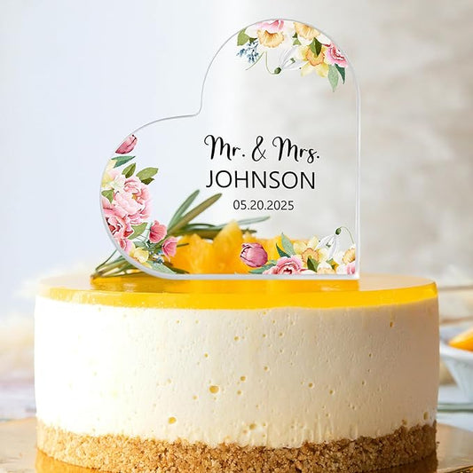 Custom Wedding Heart Acrylic Plaque,Mr & Mrs Cake Topper,Personalized Wedding Keepsake/Gift/Sign (Style 3)